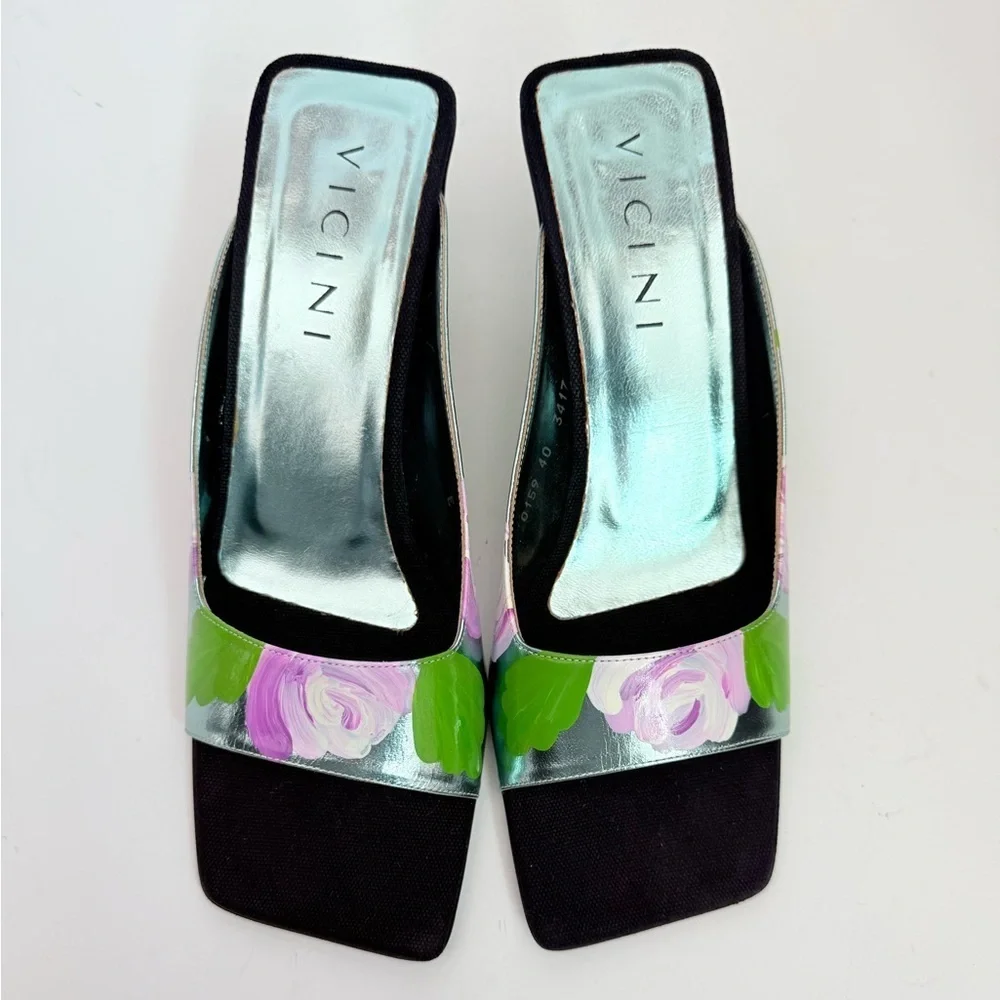 Vicini by Giuseppe Zanotti Y2K Black Metallic blue floral square toe mules EU 40